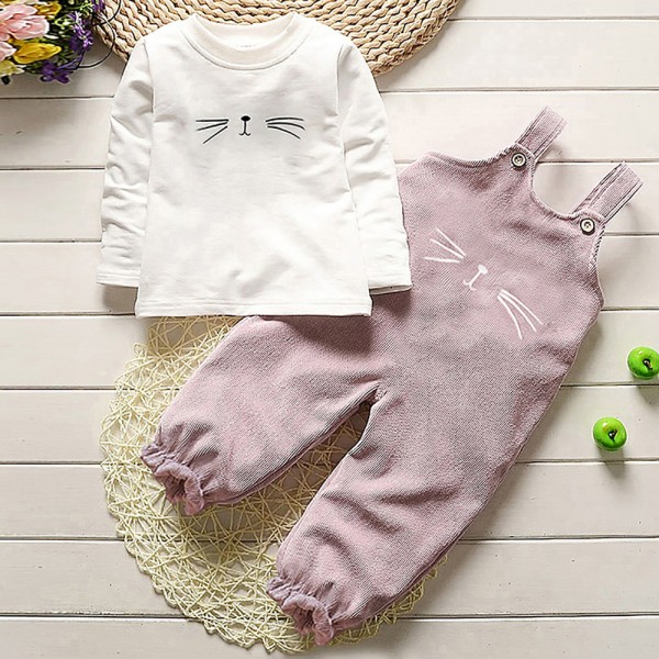 Σετ σαλοπέτα κοτλέ - μπλούζα μακρυμάνικη με σχέδιο γατούλα, λευκό - ροζ